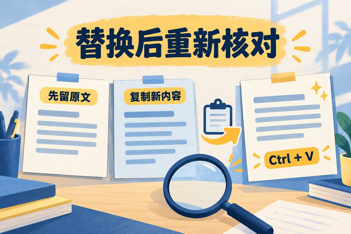 文字贴图替换流程示意：先留原文、复制新内容，再使用Ctrl加V并核对