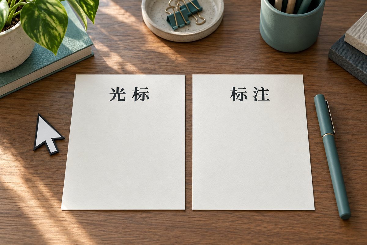 分别写有光标和标注的两张纸卡,旁边放着指针形状纸片和笔