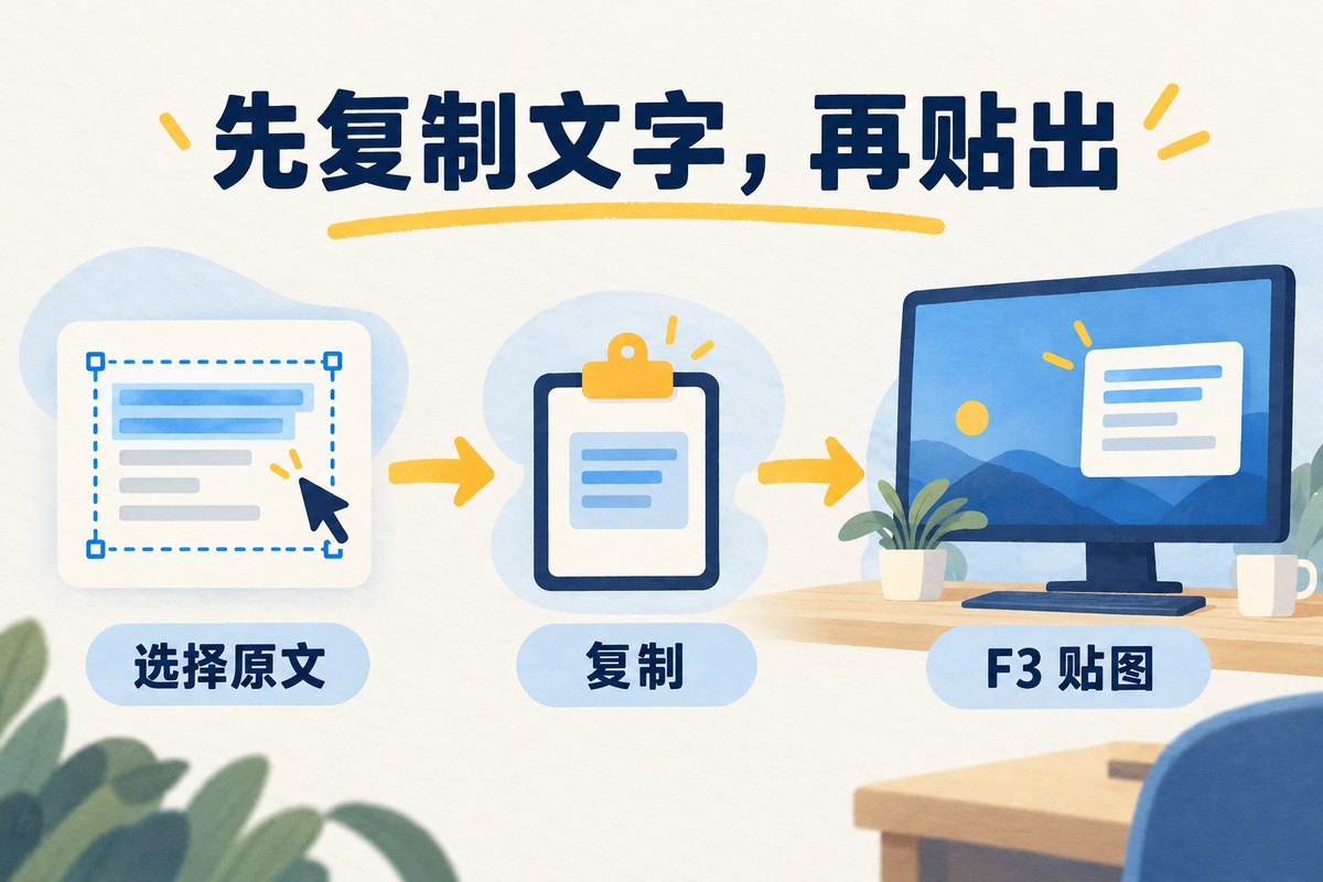 文字贴图流程示意：选择原文、复制到剪贴板，再按F3贴出