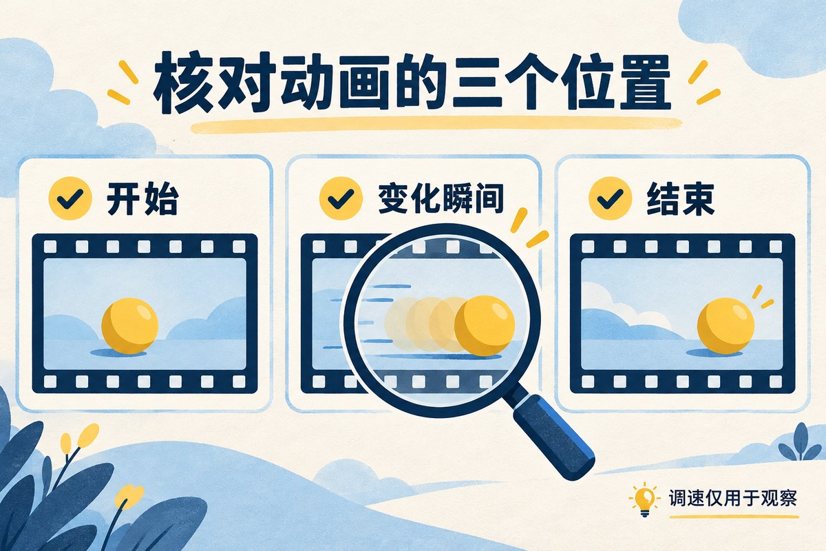 GIF画面核对示意：分别检查开始、变化瞬间和结束画面