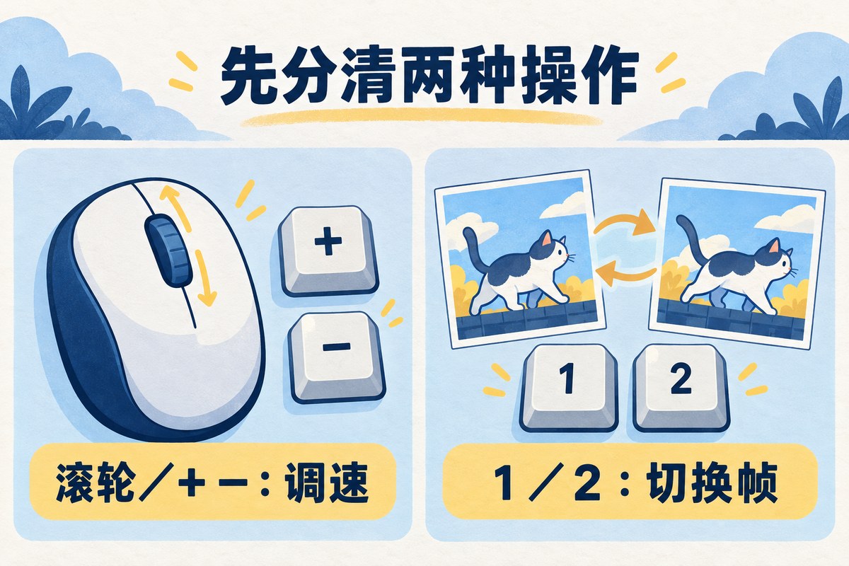 GIF贴图按键示意：滚轮或加减键调速，1和2切换相邻帧